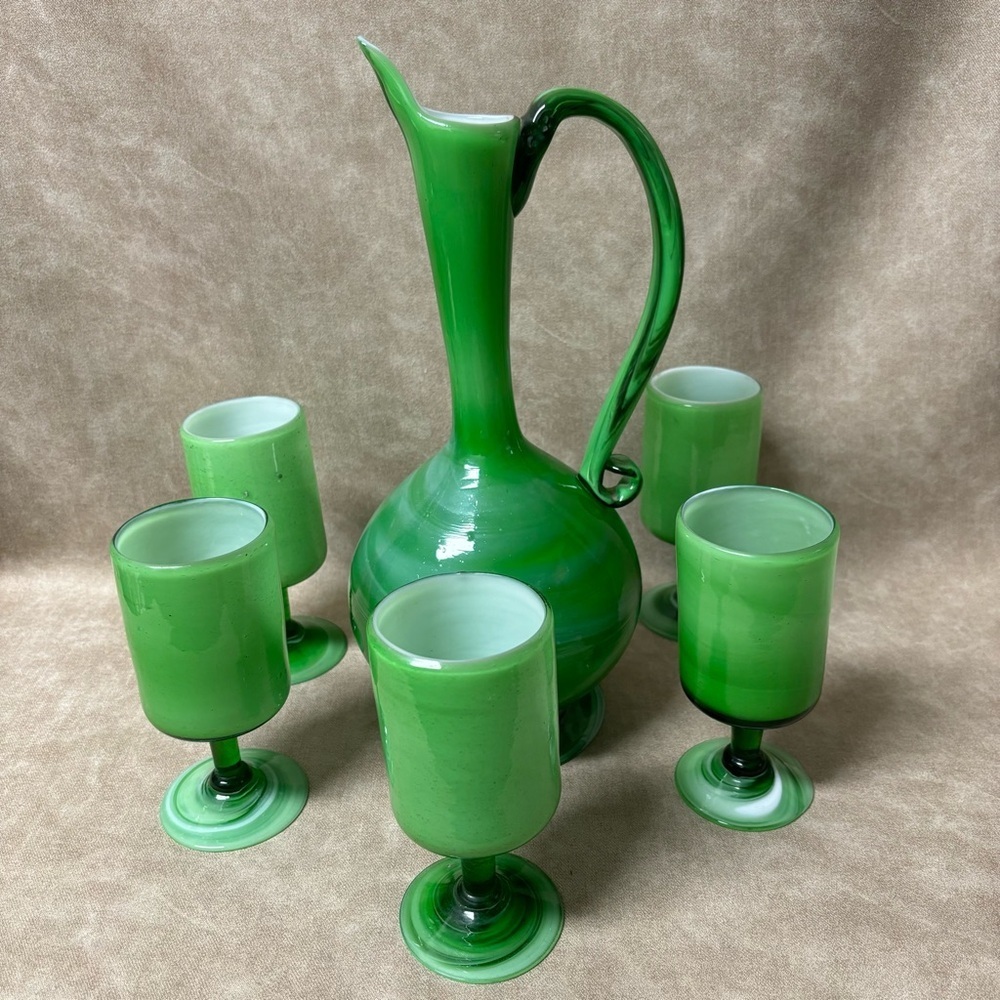 Elegant mid-century Empoli green cased handblown Italian art glass pitcher